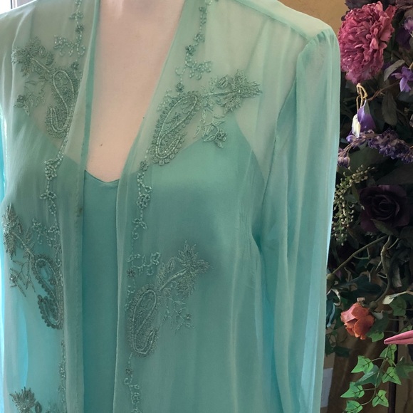 Silk Slip Dress in Tiffany Blue with Sheer Jacket Beaded Size 8 by Scala - Picture 5 of 16